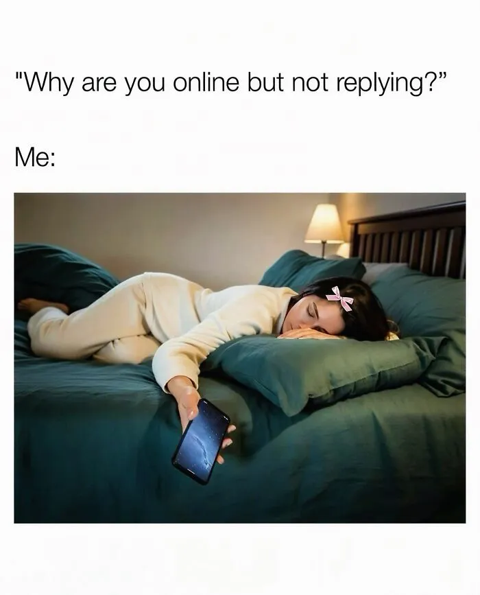 Relatable female meme of woman lying on bed ignoring messages online