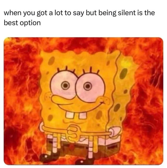 Relatable female meme with cartoon character smiling amid flames, choosing silence