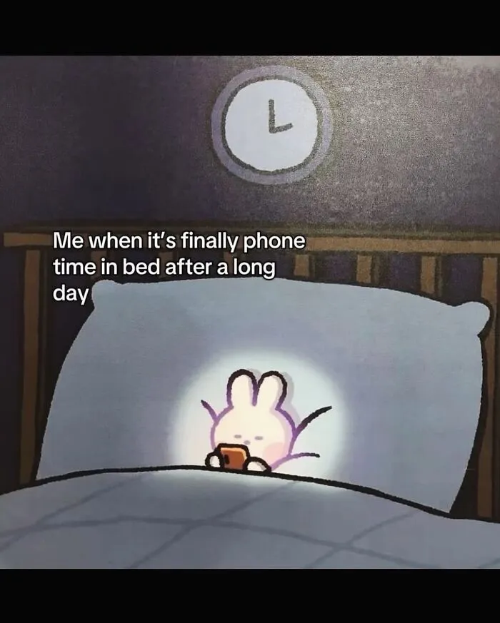 Relatable female meme of a cartoon bunny on phone in bed after a long day