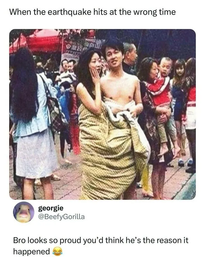 Funny memes showing a man and woman wrapped in a blanket in public after an earthquake