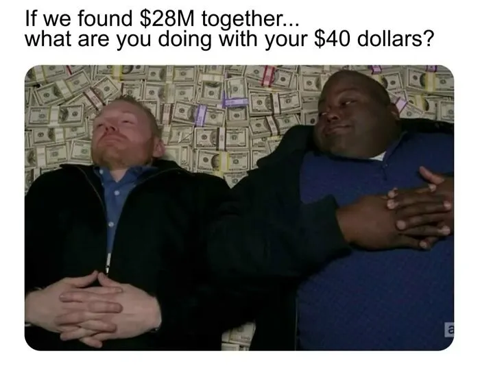 Two men lying on a pile of money in a scene from Breaking Bad used as funny memes about split money.