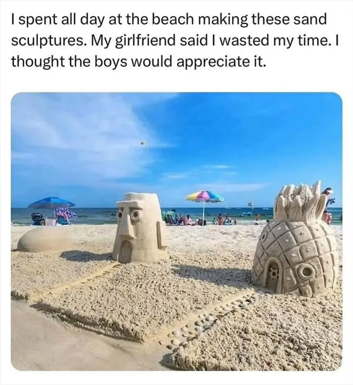 Beach sand sculptures of SpongeBob houses featured in funny memes.