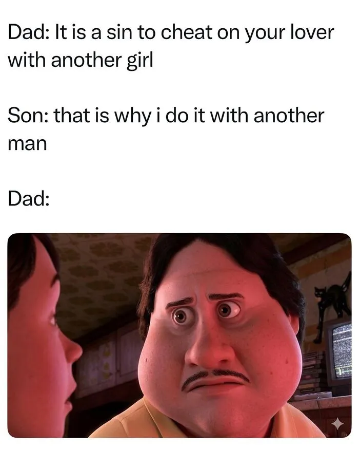 Funny memes showing a shocked animated father during a conversation