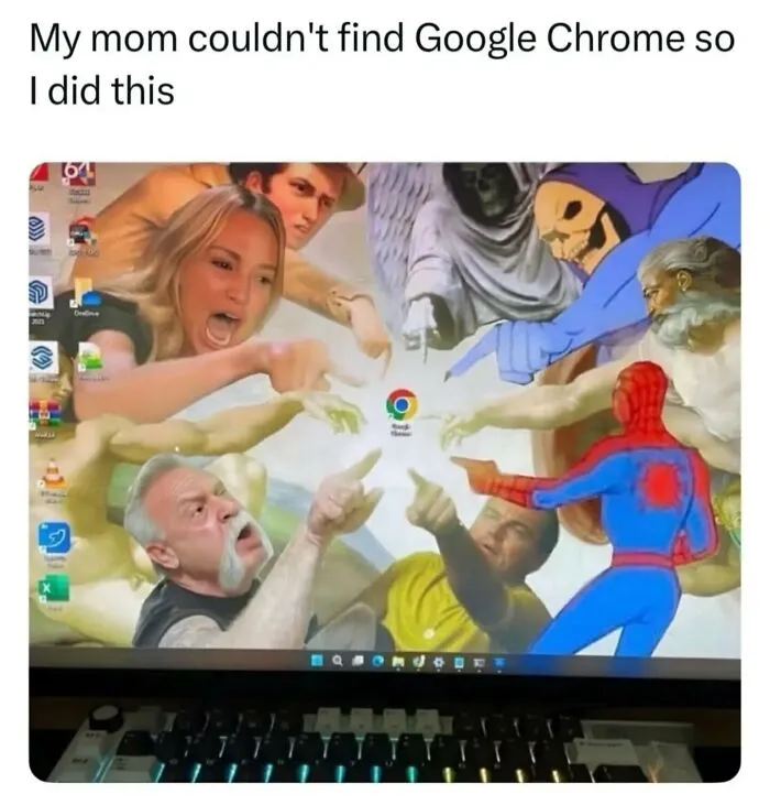 Funny memes featuring a desktop background where various characters point directly at the Google Chrome icon.