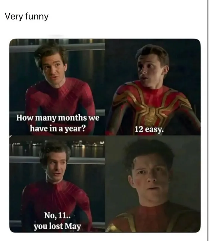 Funny memes about Spider-Man characters making a month joke in a group chat.