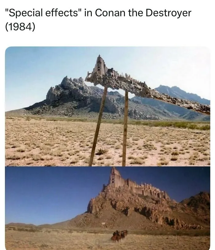 Funny memes behind the scenes optical illusion forced perspective miniature castle set in Conan the Destroyer