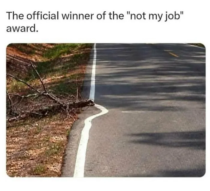 Funny memes showing a road painted around a fallen tree branch for the not my job award