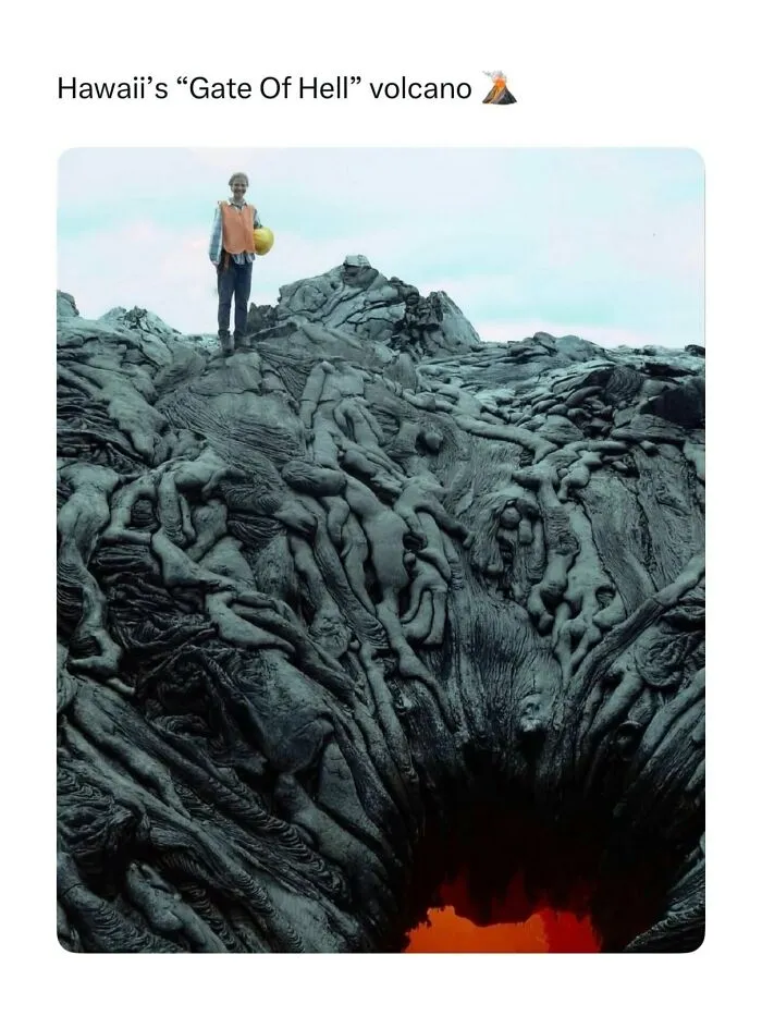 A person standing near a volcanic formation in Hawaii for funny memes content.