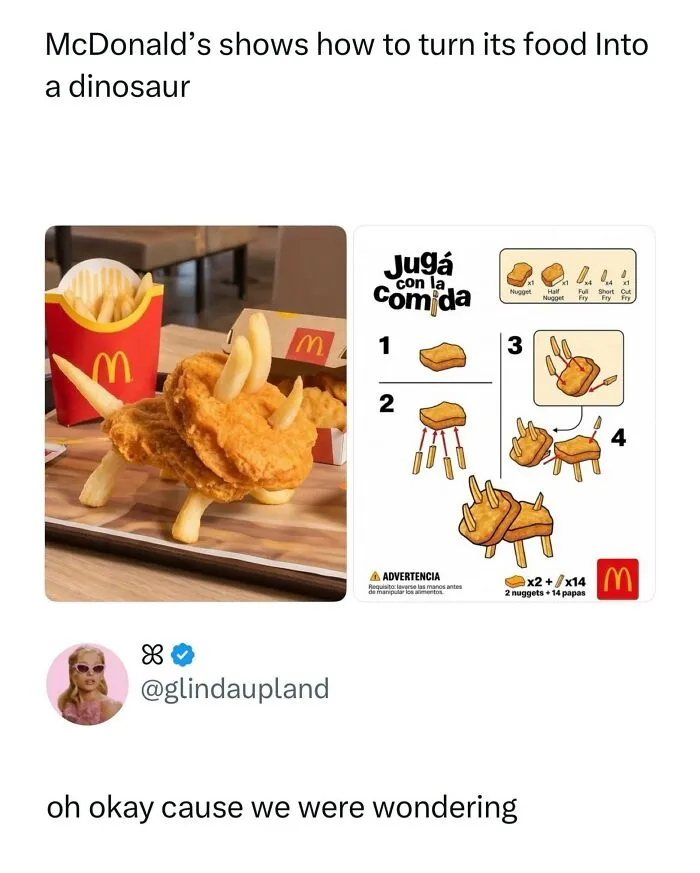 Funny memes featuring a triceratops craft made out of McDonald chicken nuggets and fries