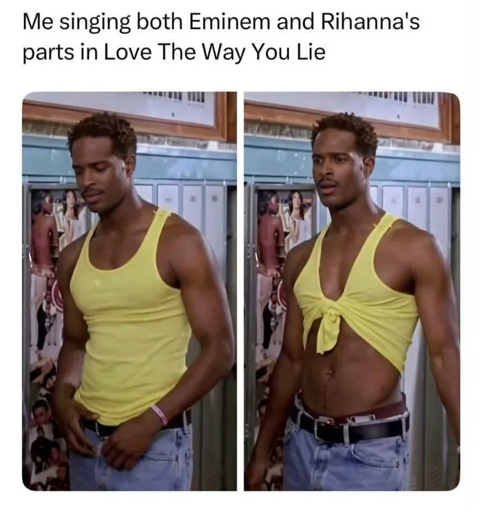 Funny memes showing a man tying his tank top while singing different pop song parts