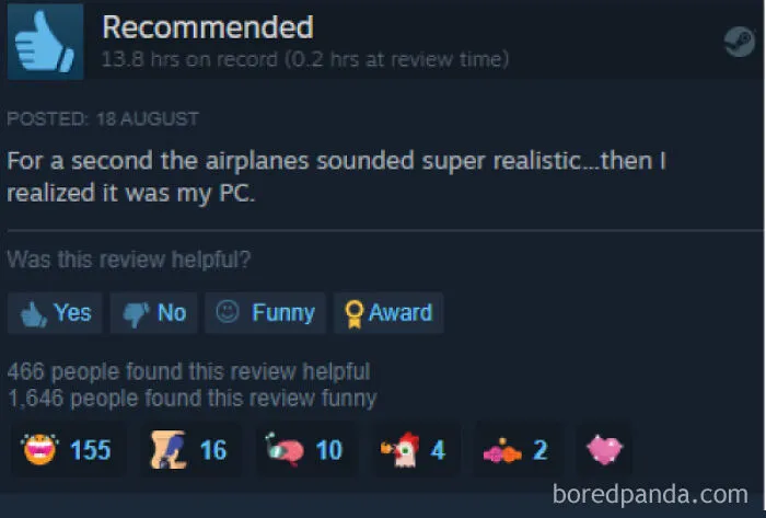 Entertaining Steam review comparing loud PC fan noise to realistic airplane sounds.