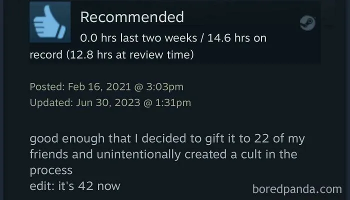 Funny Steam reviews showing a recommended game review about gifting games to friends