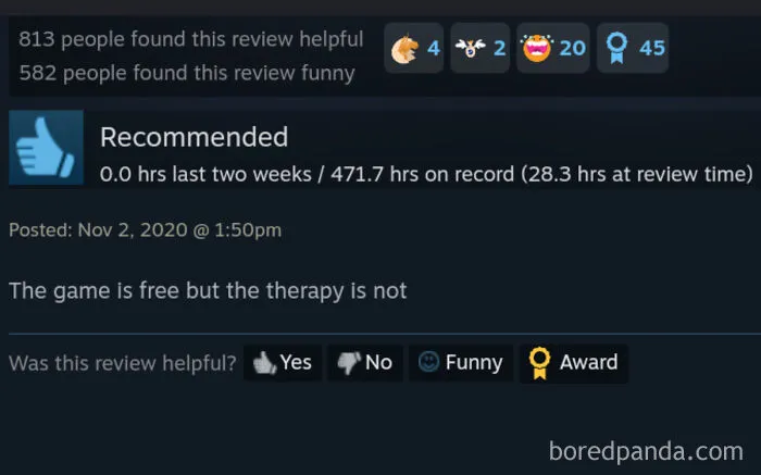 A humorous Steam review stating that the game is free but therapy is not, with hundreds of hours played.