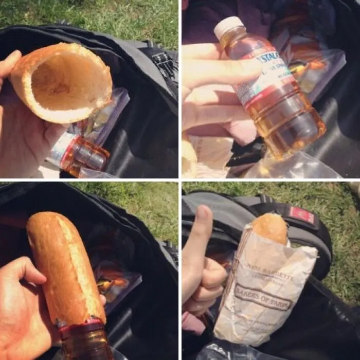 Clever redneck fixes showing a hollowed-out baguette used as a hidden holder for a drink bottle.