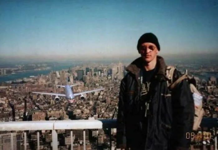 Famous Tourist Guy viral photo showing a man on the World Trade Center observation deck in 2001