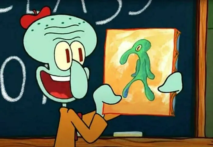 Squidward holding his Bold and Brash painting from the cartoon SpongeBob SquarePants in 2001