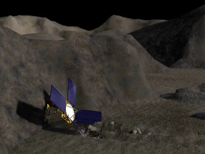 Digital rendering of the NEAR Shoemaker spacecraft landing on an asteroid surface that happened in 2001.