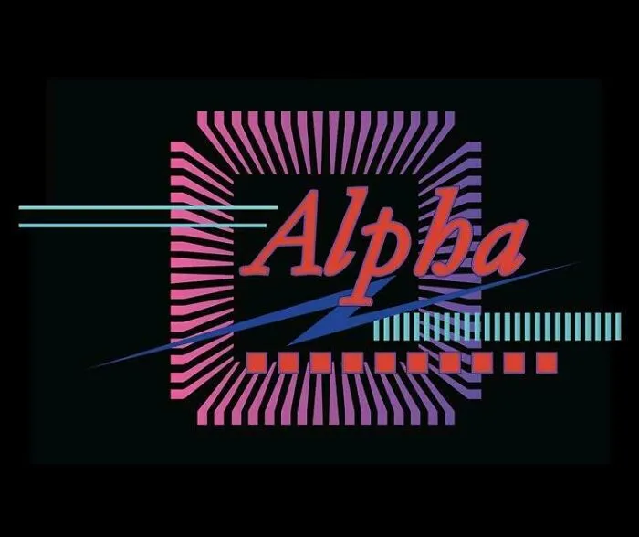 Retro graphic logo for Alpha processor technology from the early 2000s