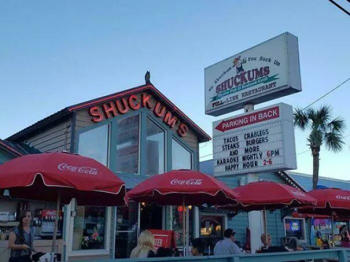 Exterior view of Shuckums restaurant during an event that happened in 2001