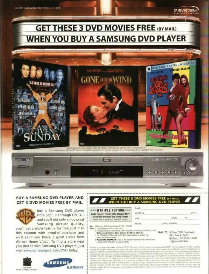 Vintage print ad for a Samsung DVD player and free movies from 2001.