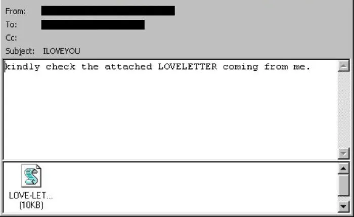 A classic 2001 email virus message display with the infamous ILOVEYOU attachment