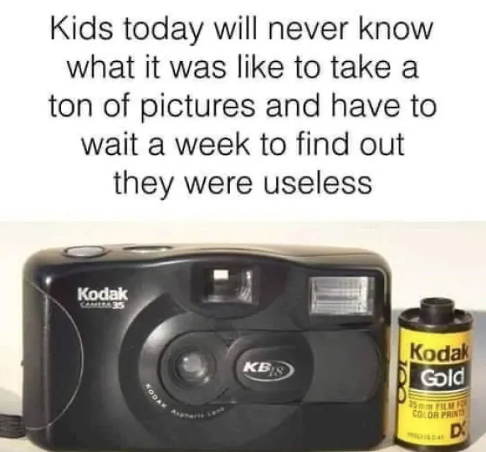 Kodak film camera with film roll and nostalgic photo caption
