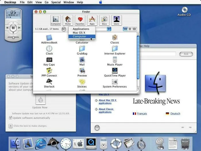 Desktop screenshot of Mac OS X operating system interface released in 2001