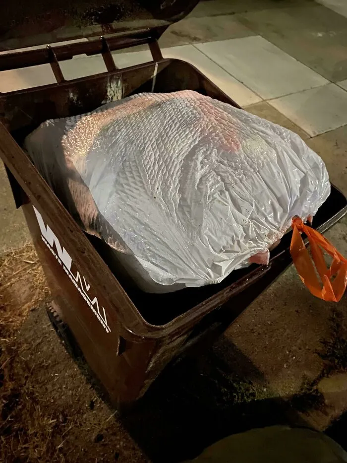 A brown trash bin overflowing with a large white plastic bag left by infuriating neighbors.