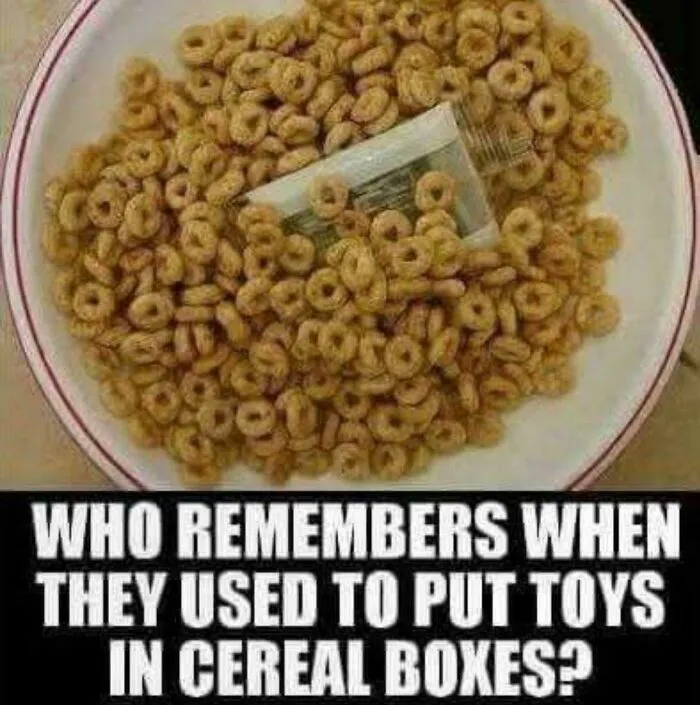 Bowl of cereal with small toy hidden inside and nostalgic toy cereal caption