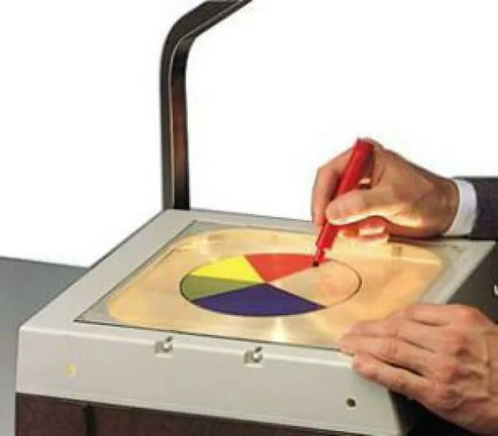 Overhead projector projecting colored pie chart nostalgic photo