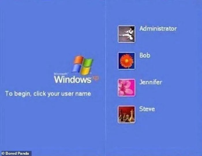 A classic Windows XP login screen displaying user profiles from nostalgic photo memories.