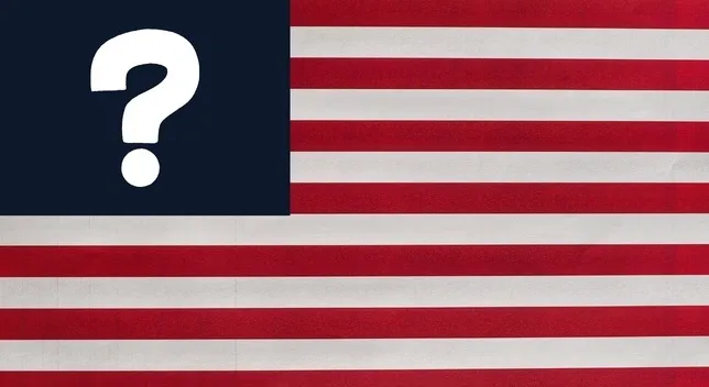 American flag stripes with a large question mark over the blue field asking how many stars are on it.
