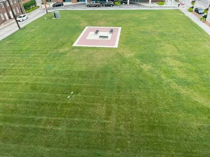 Construction fail showing a fire pit area with no pathway in a large grassy field