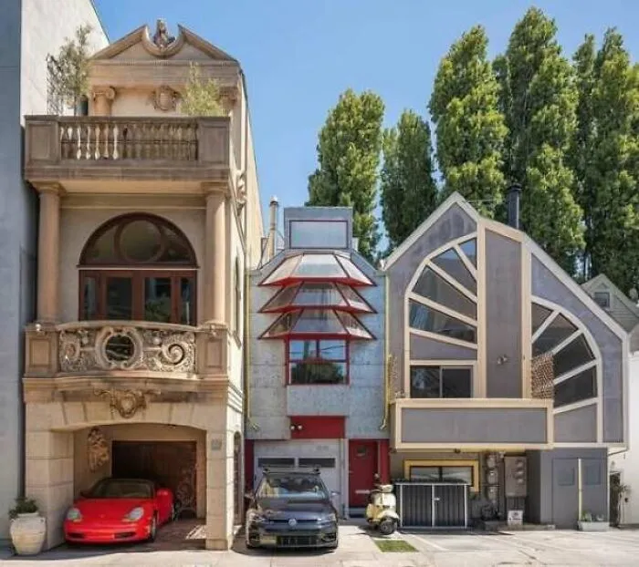 Construction fails showing mismatched building facades with various architectural styles
