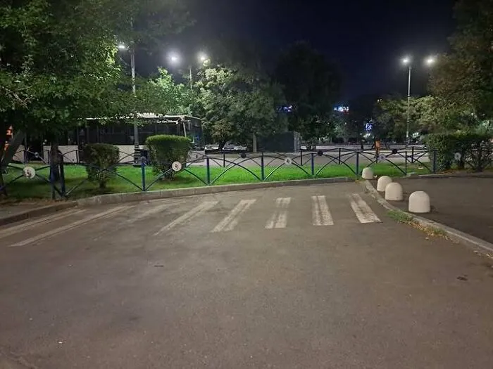 Crosswalk ending abruptly at a fenced grassy area with no path