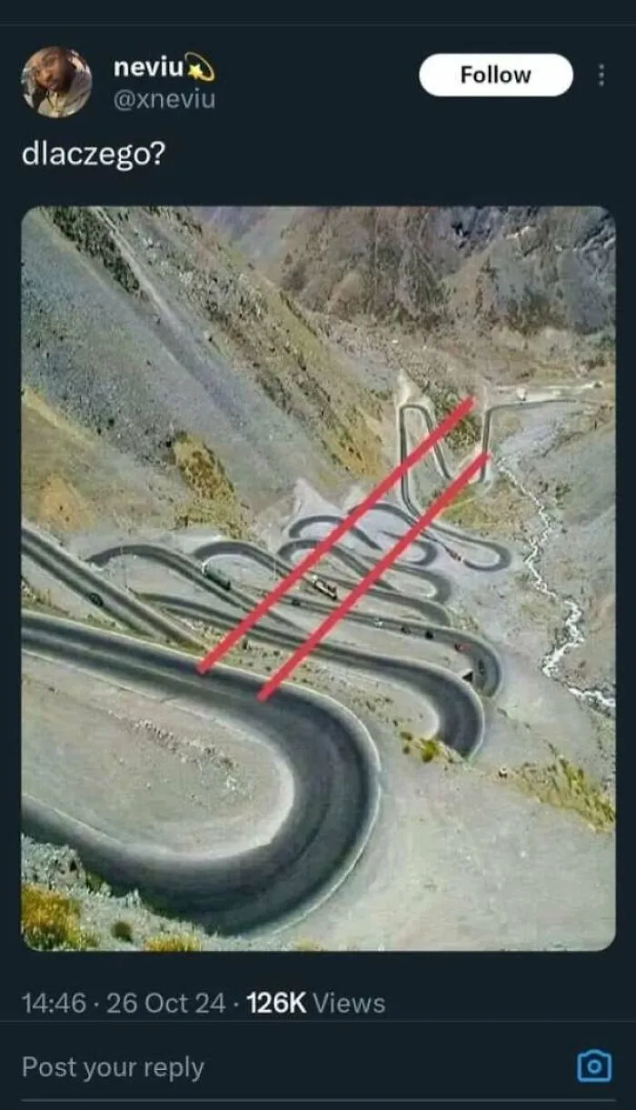 A social media post questioning winding mountain road design as one of many construction fails