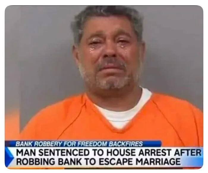 Funny memes featuring a mugshot of a crying man in an orange jumpsuit about a bank robbery story