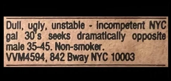 A vintage personal ad from an NYC woman seeking an opposite male partner