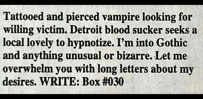 A vintage personal ad placed by a tattooed vampire seeking love and a willing victim.
