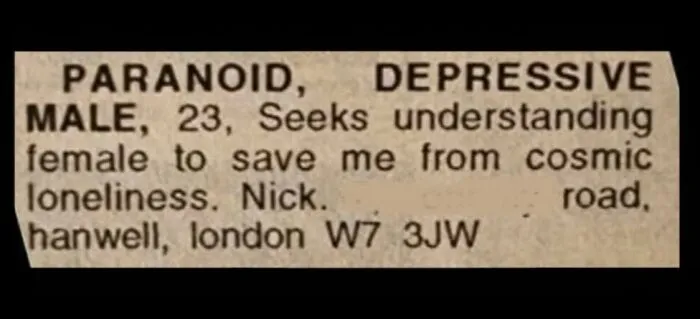 A vintage personal ad from a newspaper placed by a young male seeking love in London.