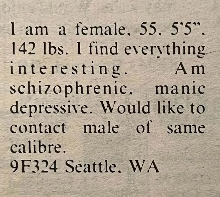 A print personal ad from the past written by a 55-year-old female in Seattle seeking a compatible partner.