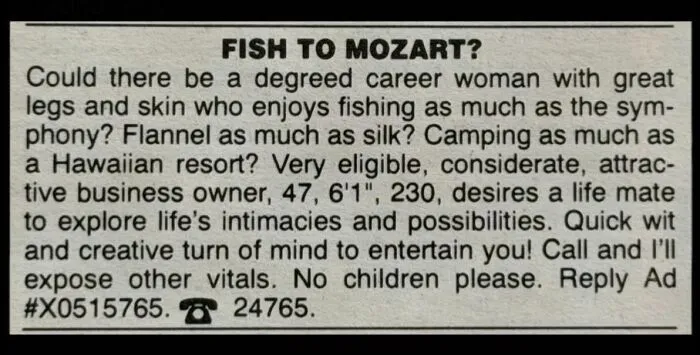 A vintage newspaper personal ad titled FISH TO MOZART seeking a degreed career woman.
