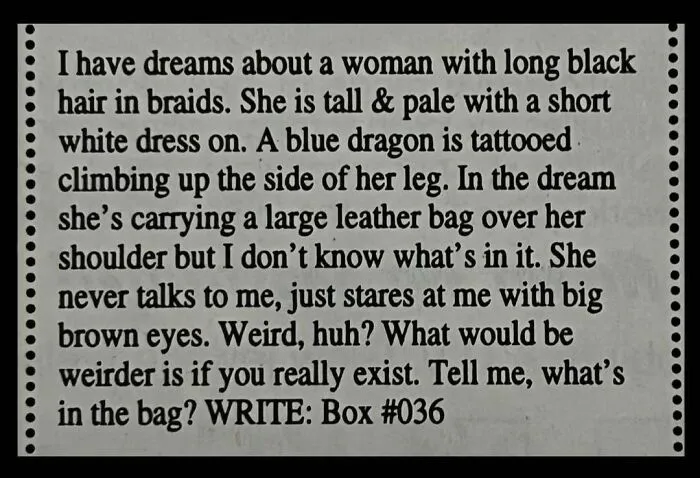 A vintage personal ad describing a dream about a woman with a blue dragon tattoo and a leather bag.