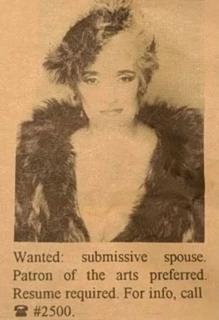 A vintage personal ad from the past featuring a woman's portrait seeking a spouse.