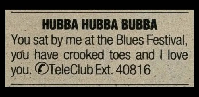 A vintage personal ad from the past seeking love after a blues festival encounter.