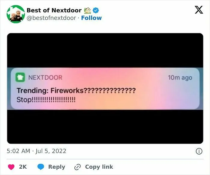 A Nextdoor notification showing a neighbor complaining about fireworks.