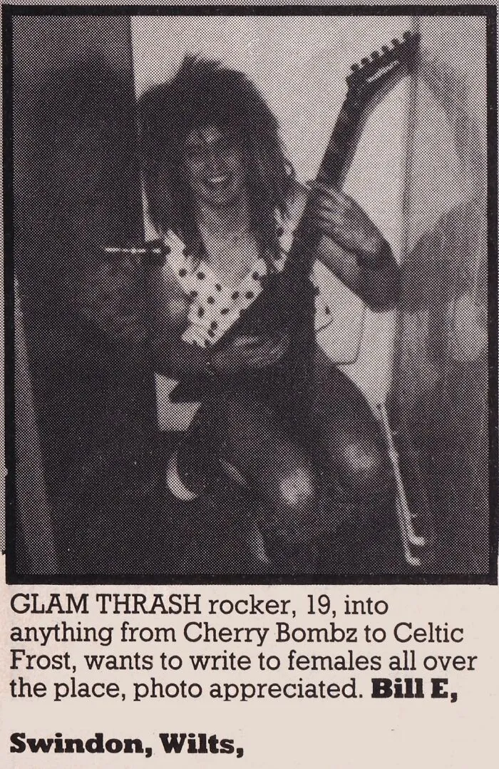 Black and white personal ads from the past featuring a young glam thrash rocker holding an electric guitar.