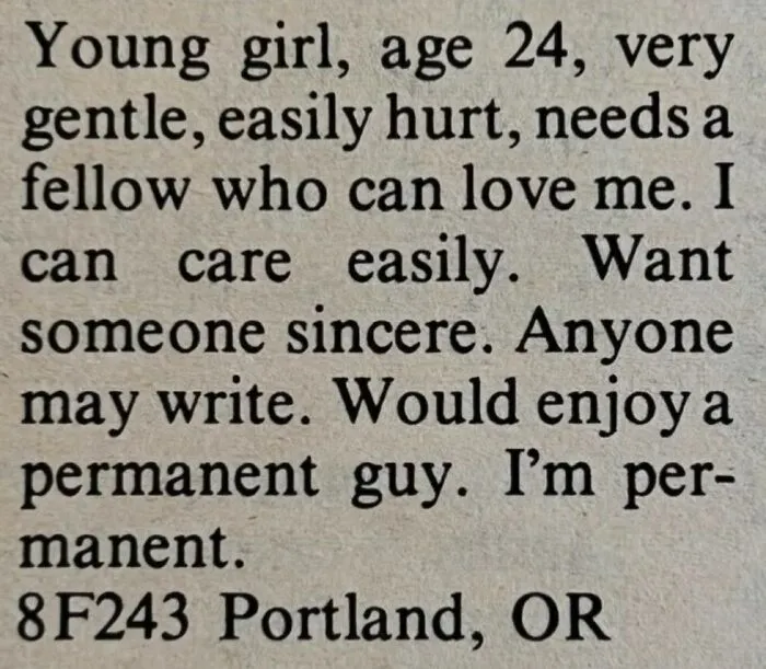 An old newspaper personal ad from a 24-year-old woman looking for love and a permanent partner in Portland.