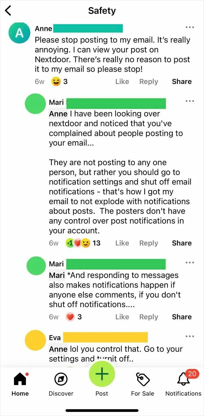 Online discussion thread displaying infuriating neighbors complaining about receiving email notifications.