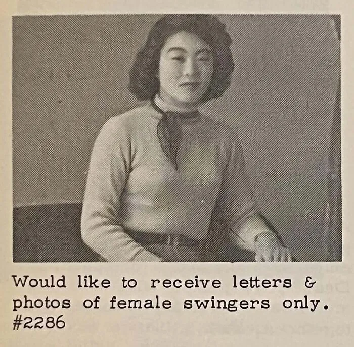 Retro personal ads from the past showing a portrait of a young woman requesting letters and photos.